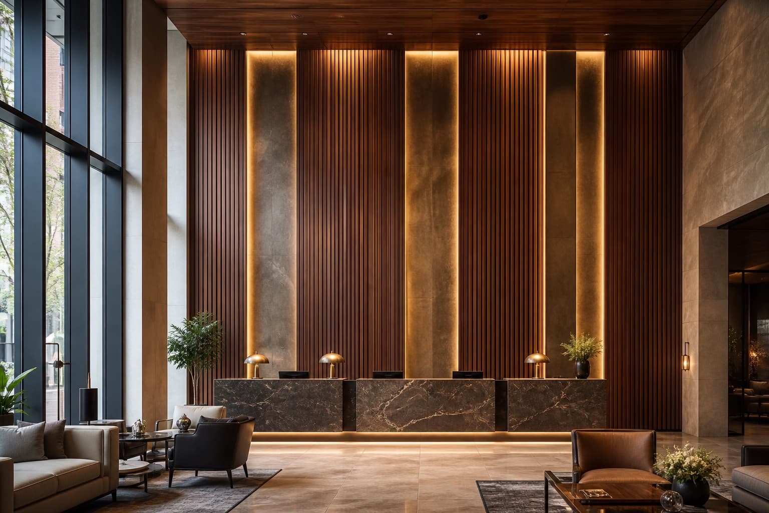 Boutique hotel lobby concept with a full-height walnut and bronze feature wall