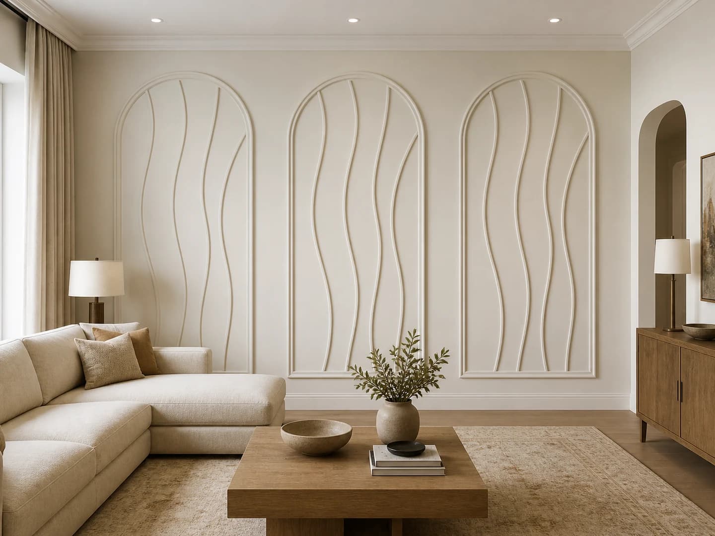 Concept living room with three arched wave-moulding fields