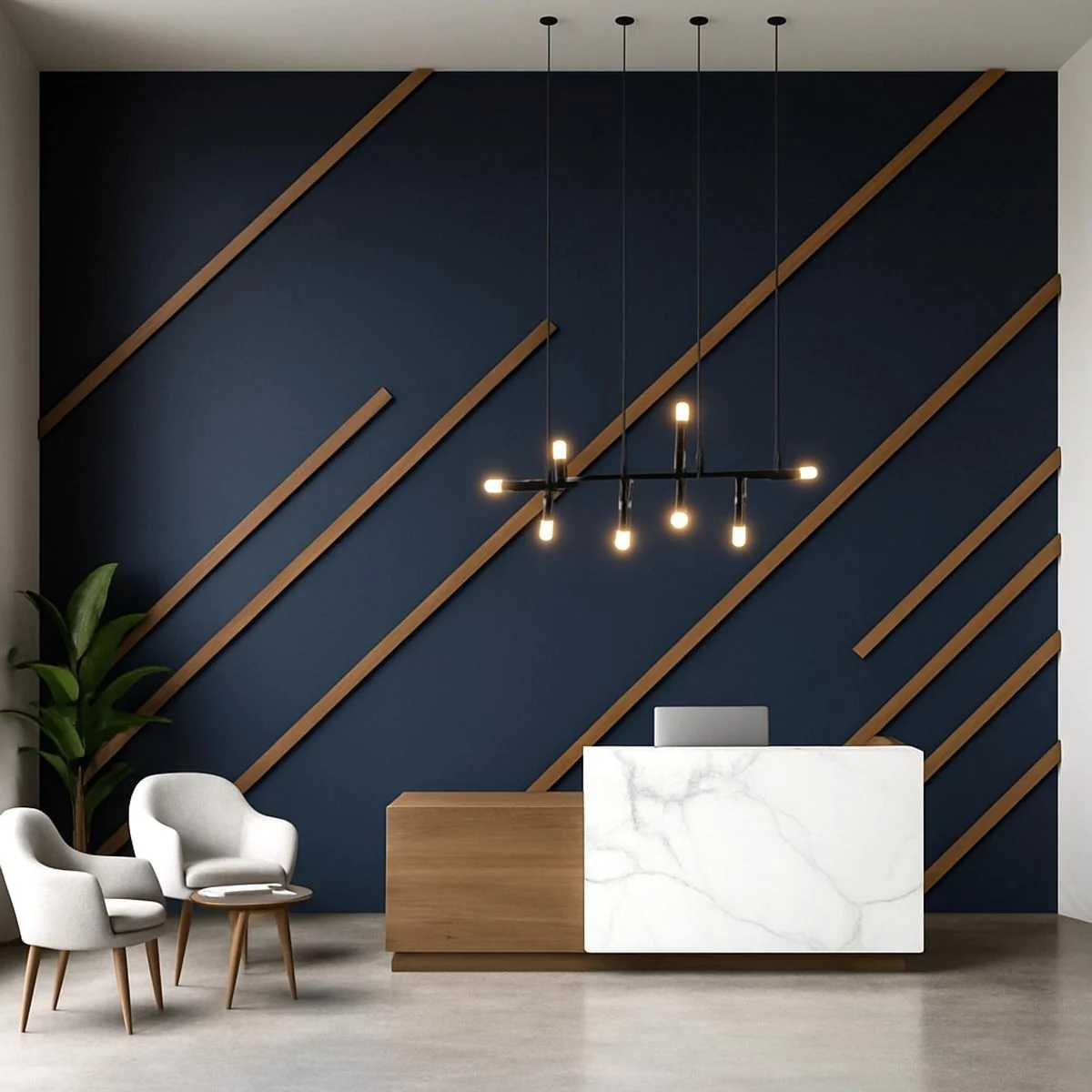 Navy & Wood Reception Wall design direction