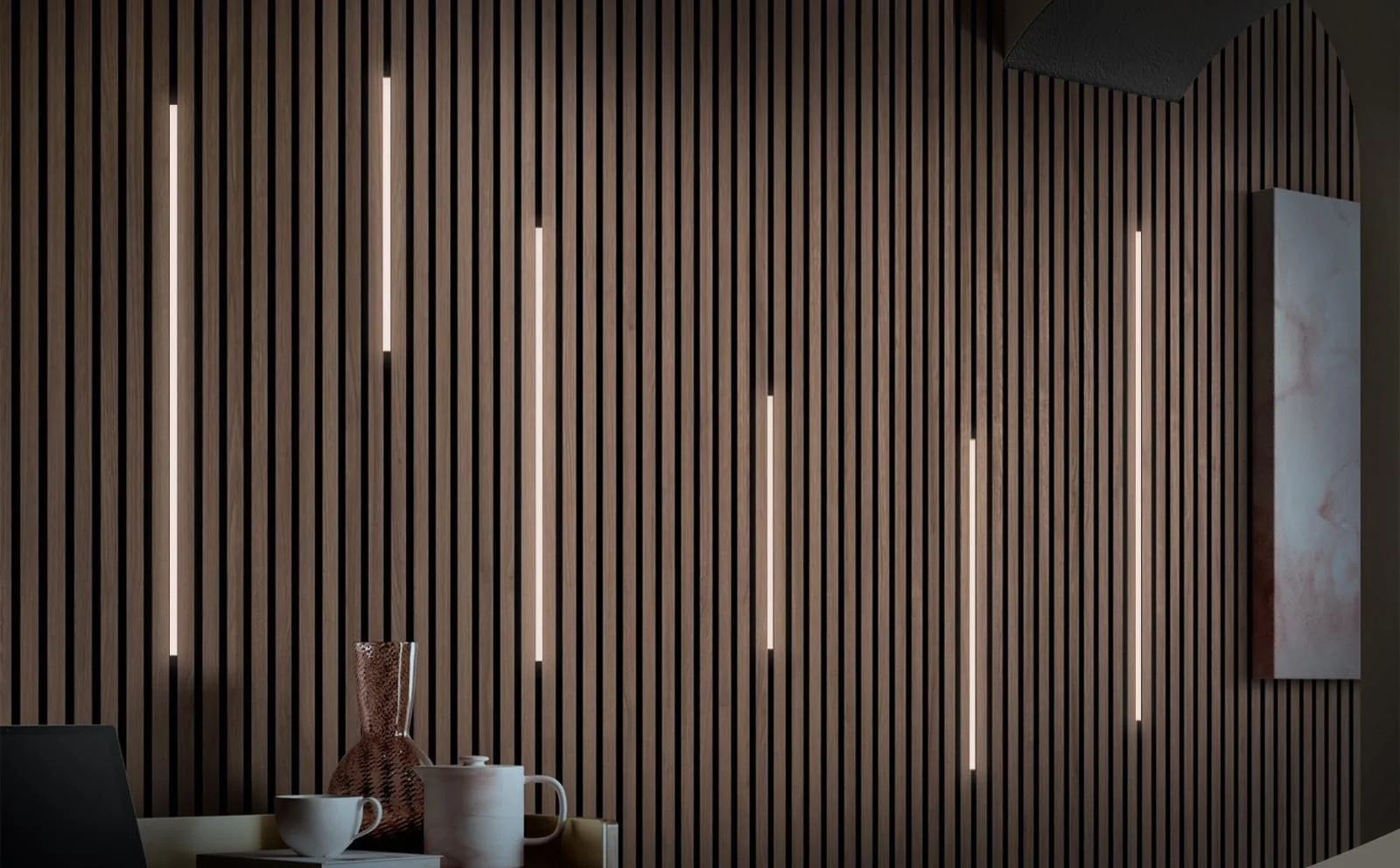 Warm Walnut LED Slat Wall design direction