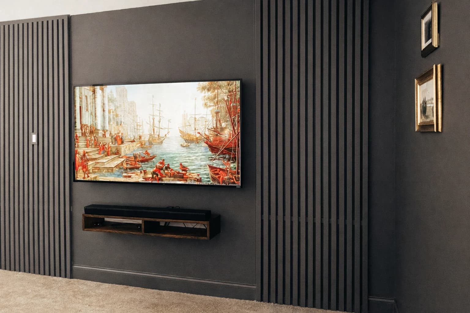 Black Framed Media Slat Wall design direction