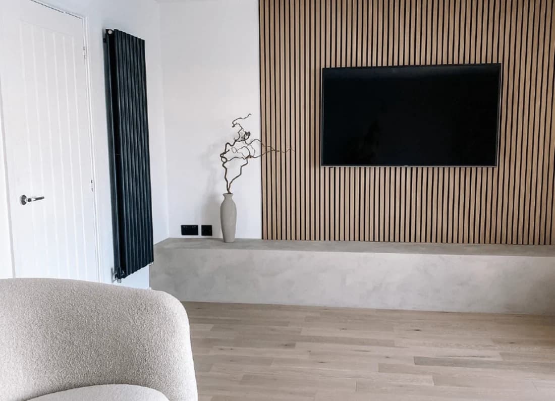 Compact Oak Slat Media Wall design direction