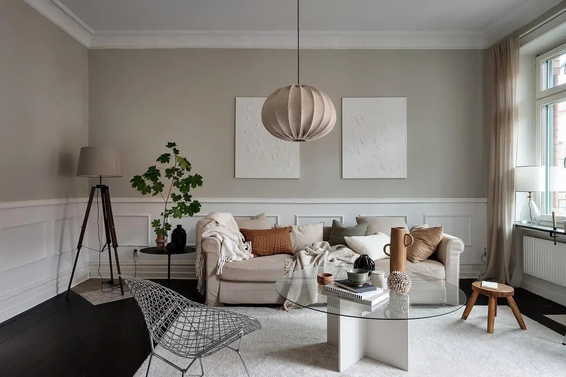 Soft Greige Living Room Wainscot design direction