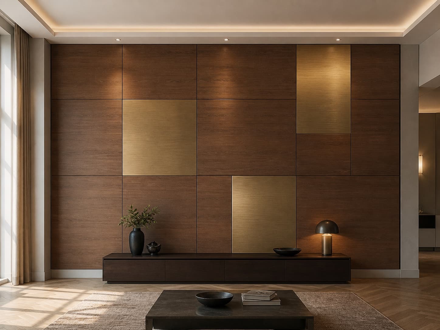 Warm walnut and bronze architectural panel-wall concept in a finished living room