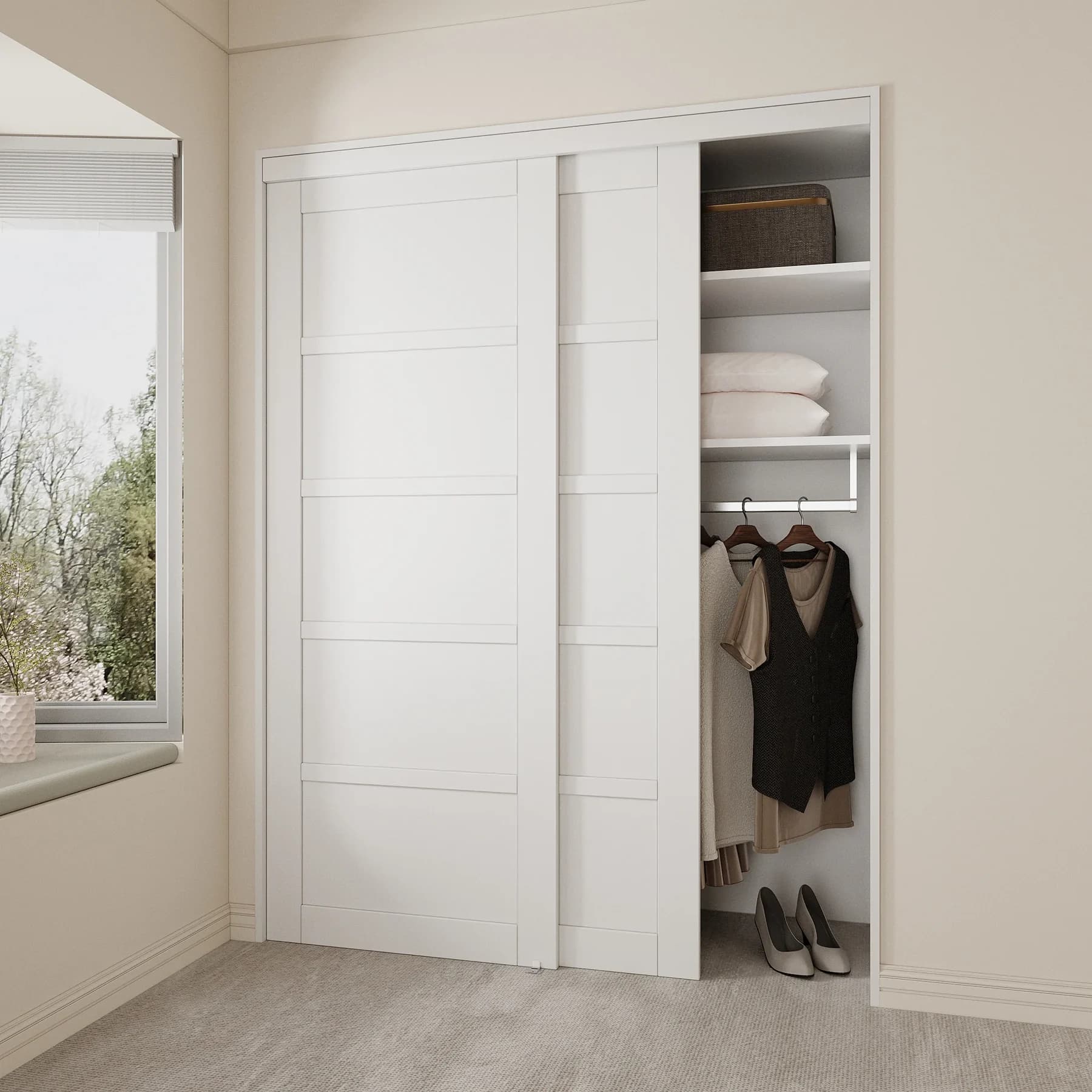 Minimal white sliding closet-door system