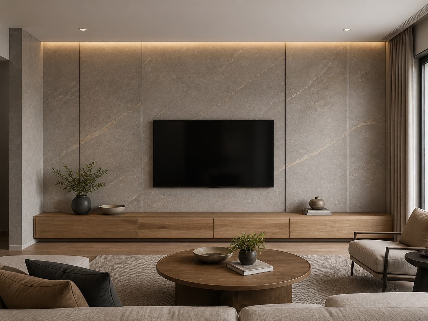 Warm stone-look media-wall concept with integrated cabinetry