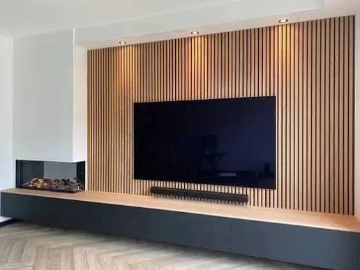 Warm Oak Slat Fireplace Media Wall design direction