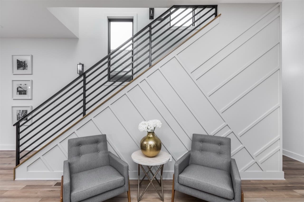 White Diagonal Stair Lounge Wall design direction
