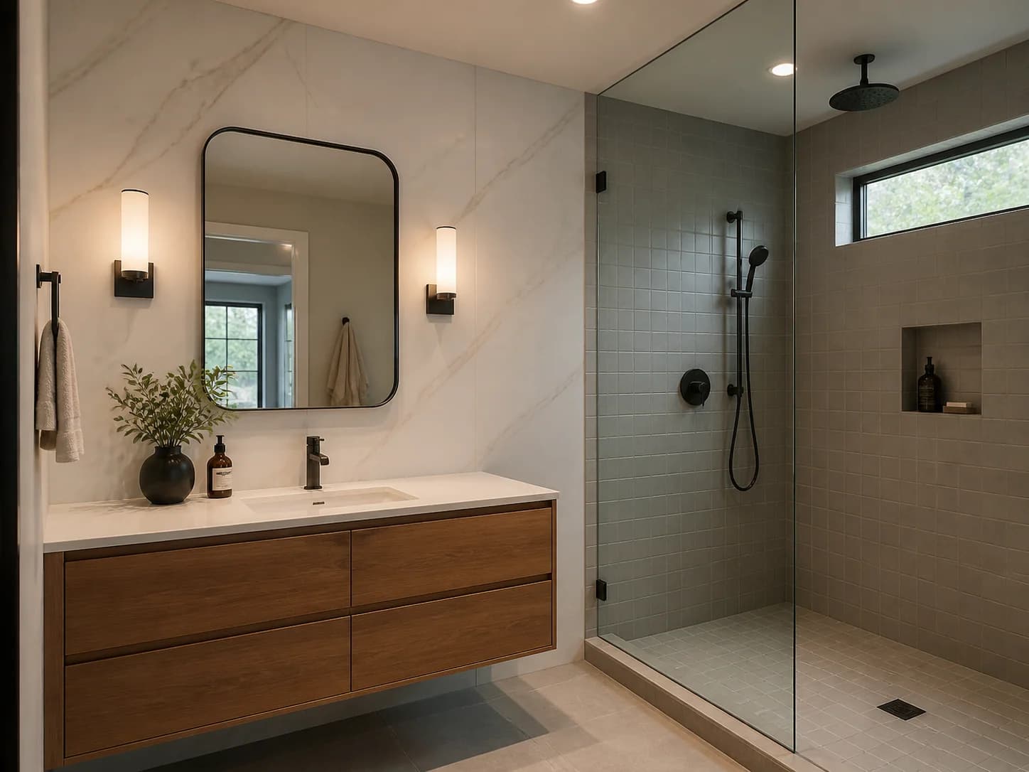 Original bathroom concept with marble-look decorative panels limited to the dry vanity wall and small-format tile inside the shower