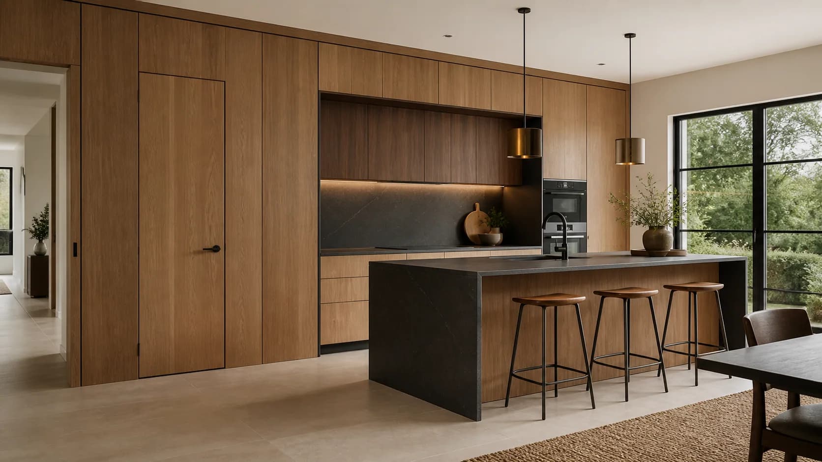 Original concept of a coordinated kitchen with oak-look wall panels, matching cabinetry, integrated door, charcoal surfaces, and bronze accents