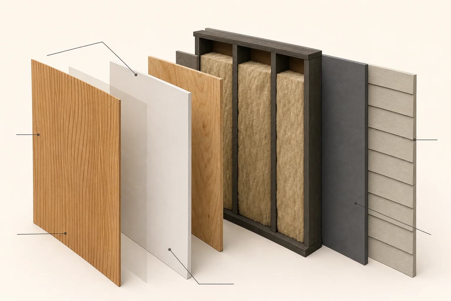 Original exploded concept diagram showing a decorative finish, thin bonding layer, gypsum facing, optional concealed structural backing, insulated wall cavity, sheathing, and exterior finish