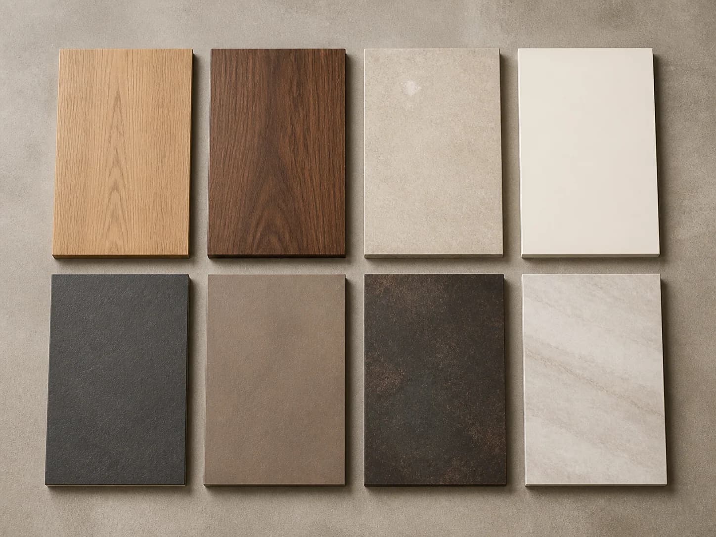 Original flat lay of eight Wall Haus concept finish samples including oak, walnut, limestone, warm white, charcoal, clay, dark metal-inspired, and light stone-inspired surfaces