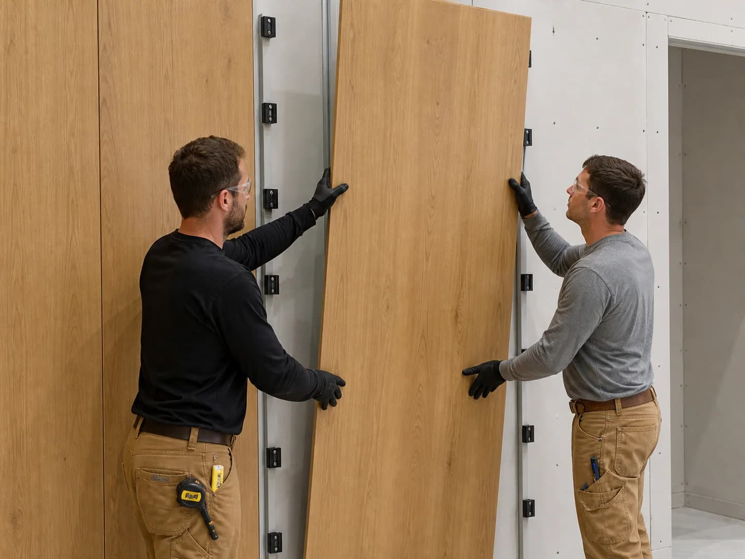 Original concept visualization of two protected installers aligning a warm oak-look finished panel on concealed wall clips